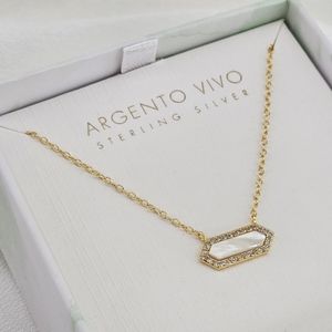 Argento Vivo Necklace Gold Tone Mother of Pearl Crystal Hexagon Bar 16"-18"